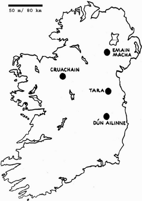 Outline map of Ireland marking Emain Macha, Cruachain, Tara, and Dún Ailinne.