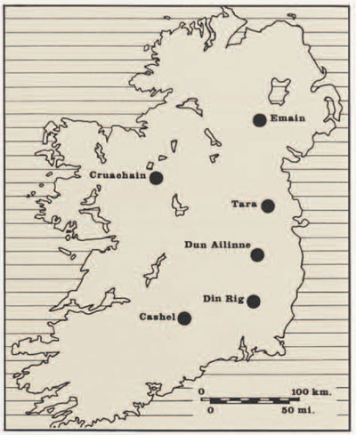 Lined map of Ireland marking Emain, Cruachain, Tara, Dún Ailinne, and also Cashel and Dún Rig.