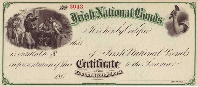 Irish National Bonds certificate of the Fenian Brotherhood, numbered 3043, 1860s.